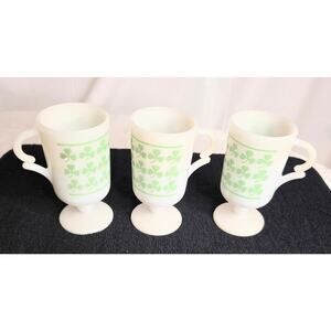 3 Vtg. Pedestal Milk Glass Mugs Green Shamrock Clover Decorative Handle 6 oz.